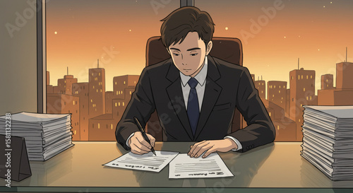 Anime style illustration of a businessman signing a contract in an office with a city skyline view at sunset.