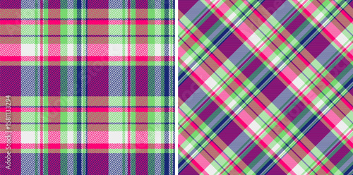 Vibrant plaid patterns showcase bright pink, lime green, and purple hues. Perfect for fashion, textiles, backgrounds, and creative projects needing a bold touch.