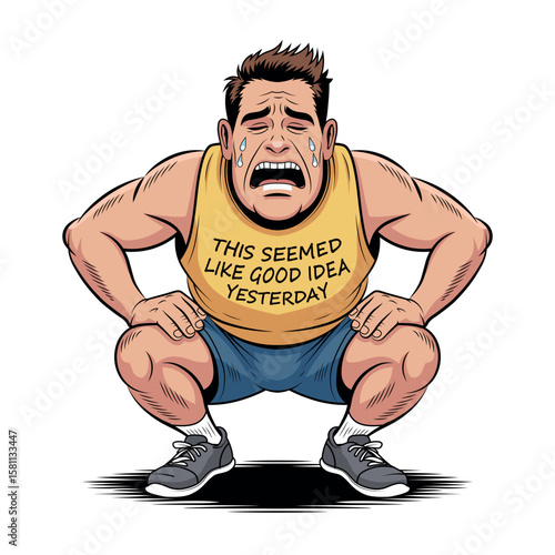 This cartoon vector shows a sweaty, exhausted man squatting in workout gear with a shirt that says "This seemed like a good idea yesterday." Perfect for fitness humor content.
