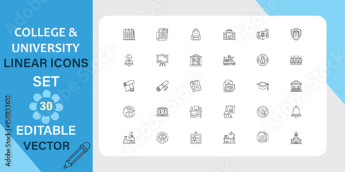College and University Linear Icon Set for Education and Academia