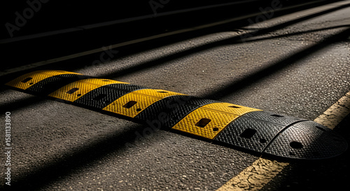 Close-up of a black and yellow speed bump on an asphalt road with shadow patterns demonstrating road safety