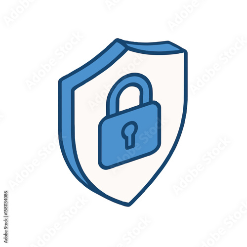 Cybersecurity shield protects with isometric design on transparent background. Cybersecurity shield includes blue padlock, contour lines, and smooth angles.