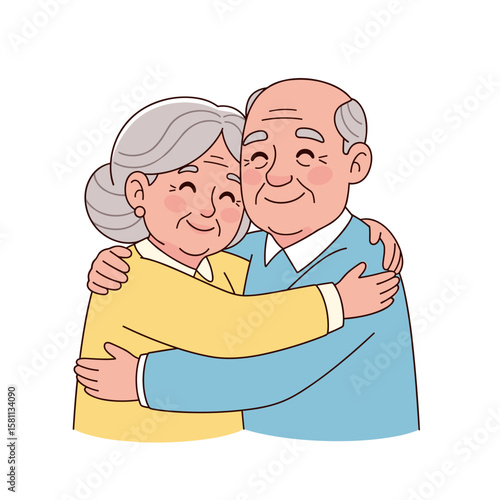 Elderly couple hugging and smiling in colorful casual attire  