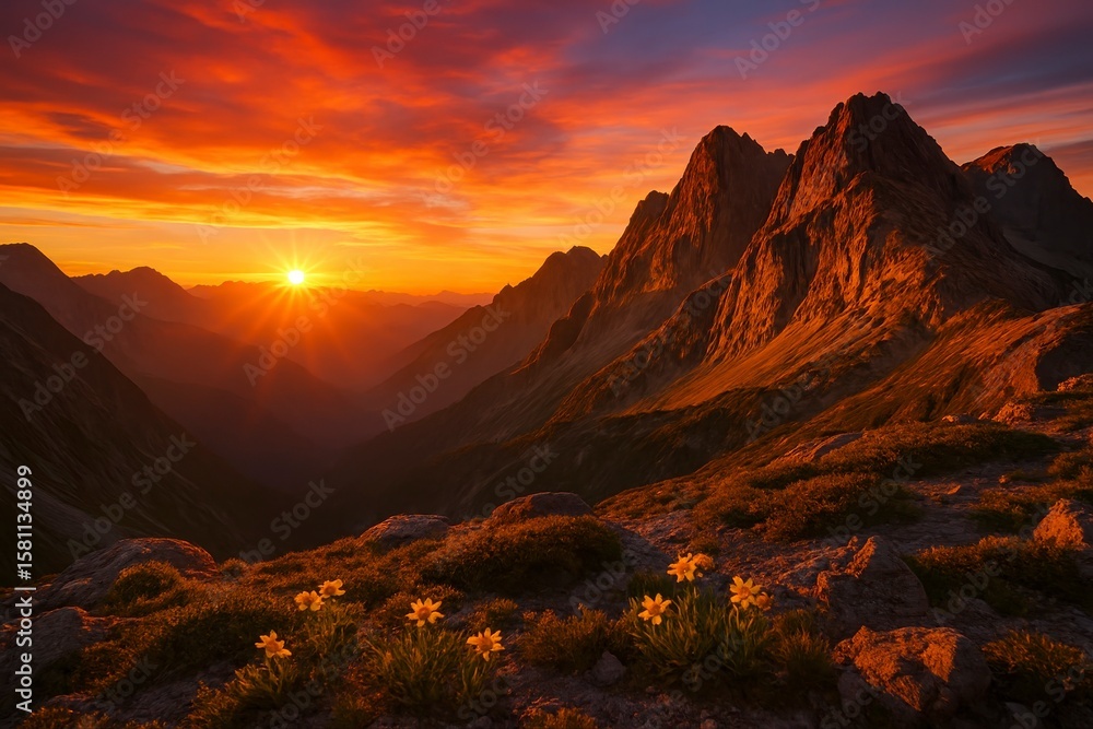 Fototapeta premium Sunrise paints a fiery sky over a mountain valley, with alpine flowers dotting the foreground in this breathtaking landscape view.