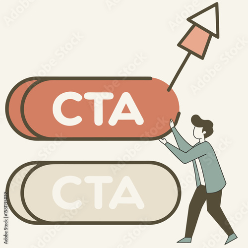 Man pushing cta button with rocket illustration to represent call to action and business growth concept