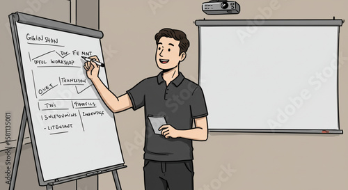 A presenter is giving a presentation with a whiteboard in a conference room.
