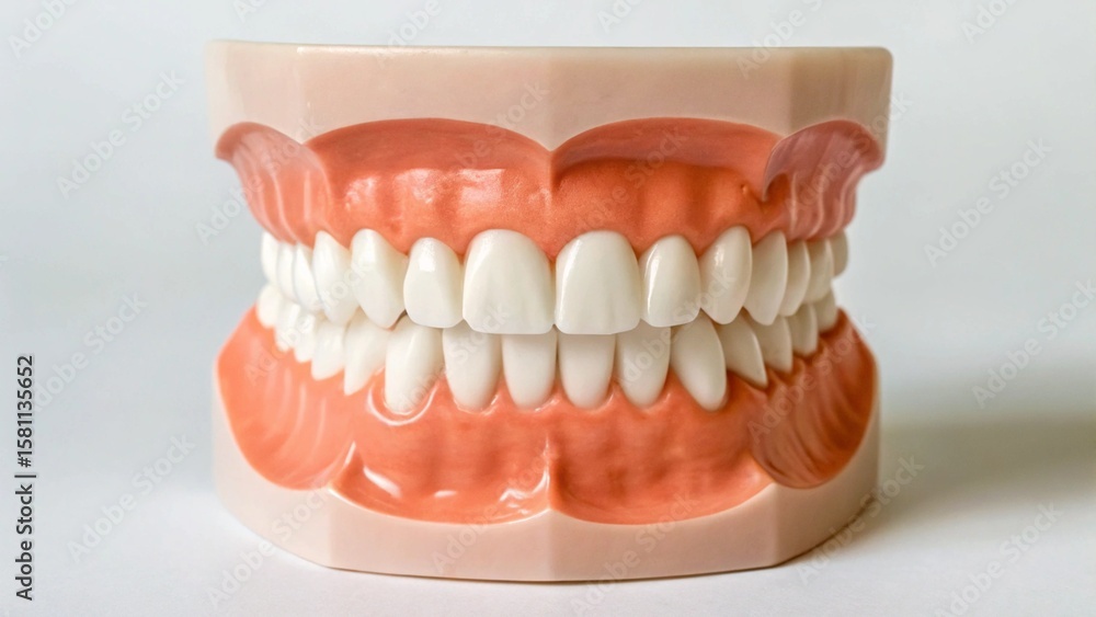 Obraz premium A perfectly aligned, healthy set of full dental arches, showcasing brilliant white teeth and natural-looking pink gums on a clean white background