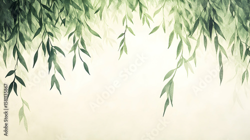Weeping willow branches and leaves hanging down against a light beige background.