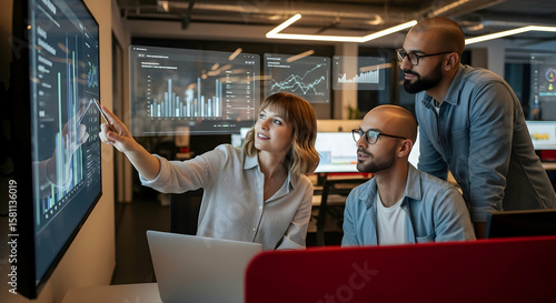 Business team analyzing financial data on screen for strategic growth planning