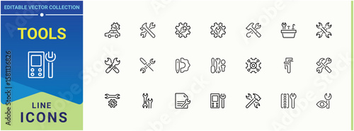 Tools icon set. Pack of equipment, setting, construction, work and more. Wrench icon collection. Perfect for logos and infographic. Editable stroke. Vector illustration.