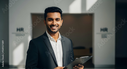 Confident Hr Professional With Clipboard Smiling In Modern Office Setting