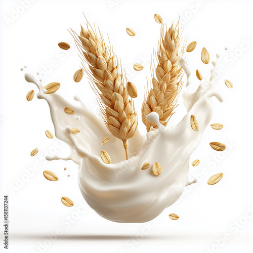Oat milk splashing with two wheat ears and oat flakes