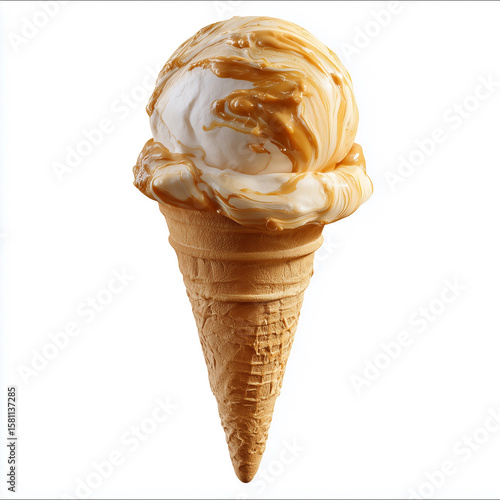 Delicious ice cream cone dripping with caramel on white background