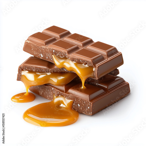 Stack of milk chocolate bars with flowing caramel on white background