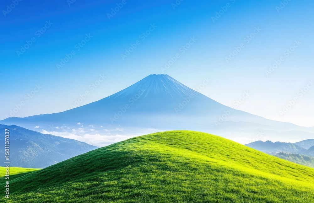 Fototapeta premium Lush green hills meet a majestic, misty mountain under a vibrant blue sky