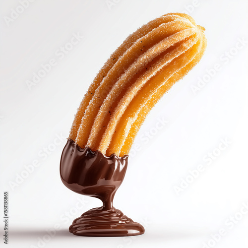 Churro dipped in melted chocolate on white background