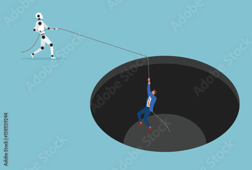 Vector illustration of a robot helping a businessman out of a hole with a rope, symbolizing AI’s vital role in supporting human resilience and overcoming professional challenges
