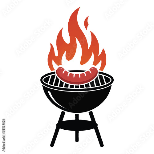 Vector art of a delicious sausage is being grilled over a flaming barbecue, isolated on white background