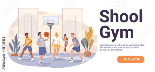 School gym basketball game students playing sports indoor court plants large windows modern flat website banner