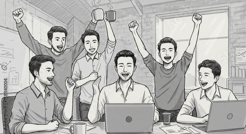 Team celebrating success in office with laptops and raised hands