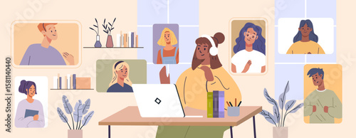 Online classroom remote learning students video conference diverse group at home desk computer plants books modern flat design