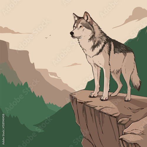 illustration of a wolf waiting for prey on the edge of a cliff