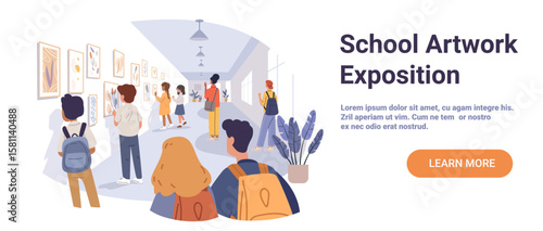 School artwork exposition students viewing paintings gallery hallway creative children backpacks modern interior plants educational event website banner