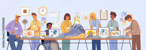 Students science project teamwork volcano experiment diverse group working models charts classroom wall decor educational activity horizontal
