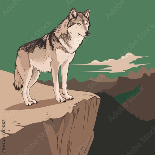 illustration of a wolf waiting for prey on the edge of a cliff