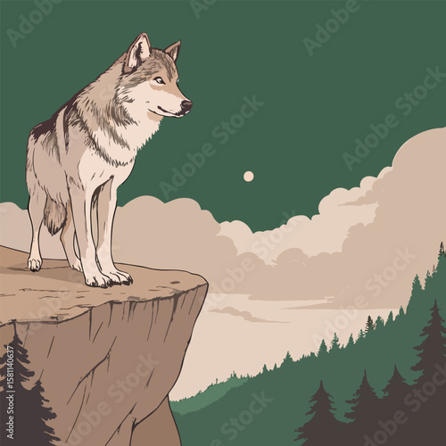 illustration of a wolf waiting for prey on the edge of a cliff