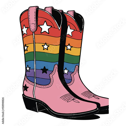 Vector art of a pair of rainbow cowboy boots with stars isolated on white background