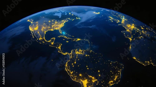 Planet Earth Rotating From Space at Night with Glowing City Lights Illuminating the Continents