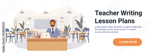 Teacher writing lesson plans classroom laptop desk books plants modern school interior background website banner