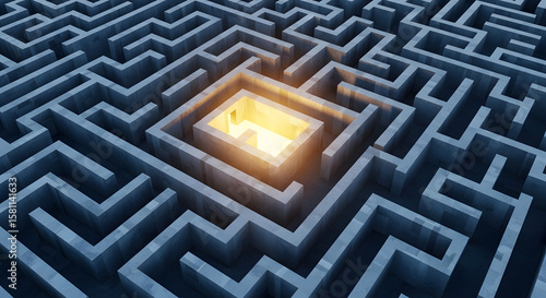 Creativity block shown as a maze with a bright exit at the center – top view
