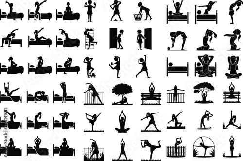 Girl Stretching in Morning Silhouette – Wake Up Pose Icon Set Morning Yoga Stretch Girl Silhouette – Relax & Fitness Vector Set