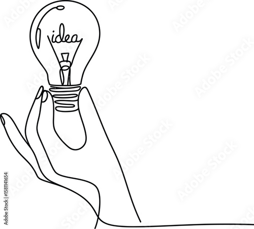 Creative One Line Drawing of Hand Holding Lightbulb with the Word ‘Idea’ Inside to Represent Innovation and Genius