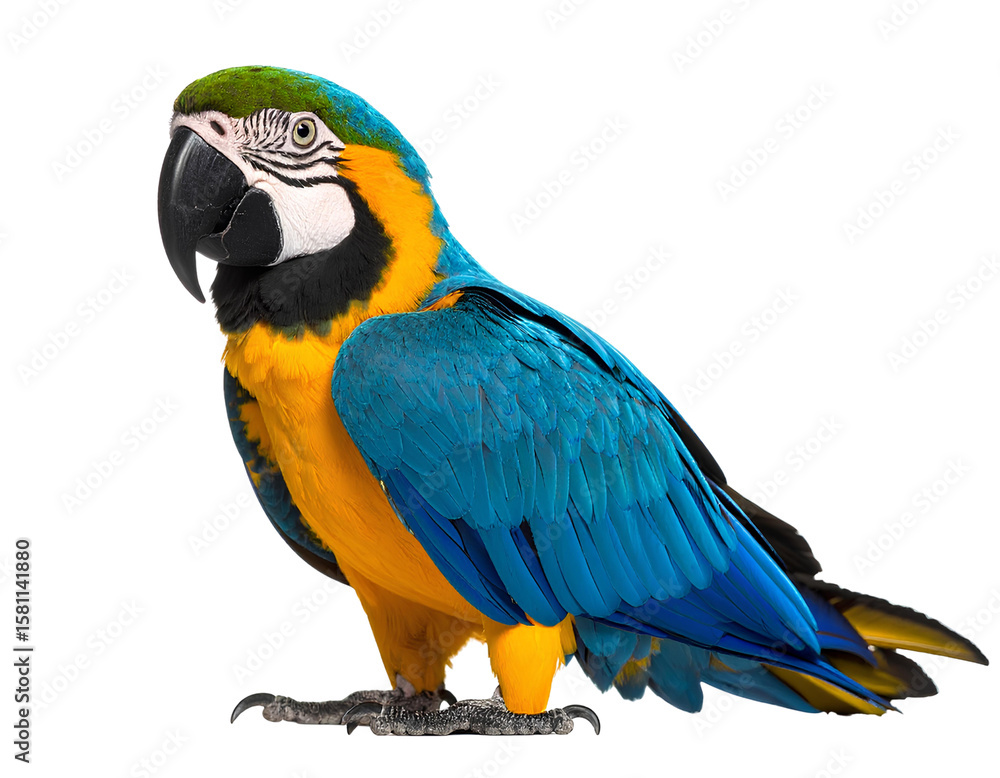 Fototapeta premium Front-Facing Blue-and-Yellow Parrot with Slight Head Tilt, Transparent PNG Cutout.