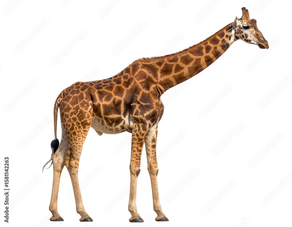 Obraz premium Full-Body Giraffe Standing Upright in Side Profile, Transparent Background PNG.