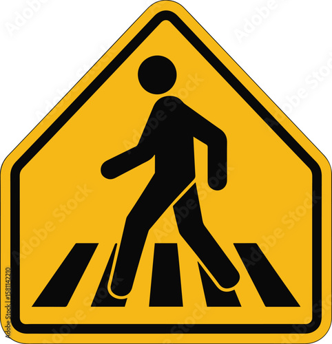 Yellow triangular warning sign with black pedestrian crossing symbol and stripes