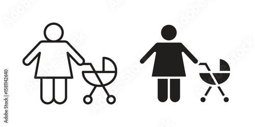 Woman with Baby Stroller icon. Stroke and Glyph pictogram. Vector illustration on white background
