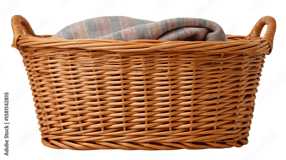 Obraz premium Wicker Basket With Folded Blanket Woven From Natural Materials, Close Up View