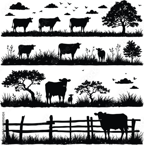 Black-and-White Vector Illustration of Cow Pasture Silhouette Series – 4-Row Rural Scene Set