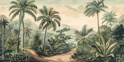 Wallpaper serene tropical landscape painting in pastel tones
