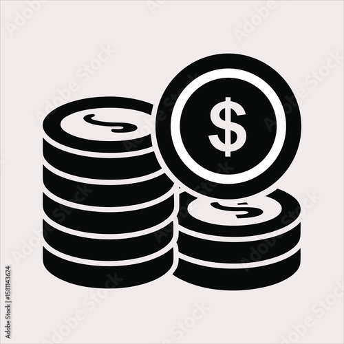 Stack of black coins with dollar sign isolated on white background