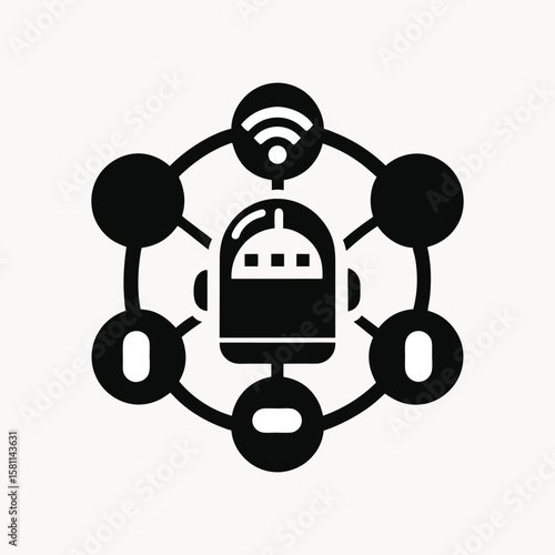 Robot connected to network with wireless technology and data points isolated on white background