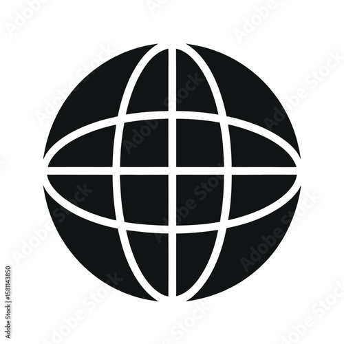 Black globe icon with grid lines isolated on white background
