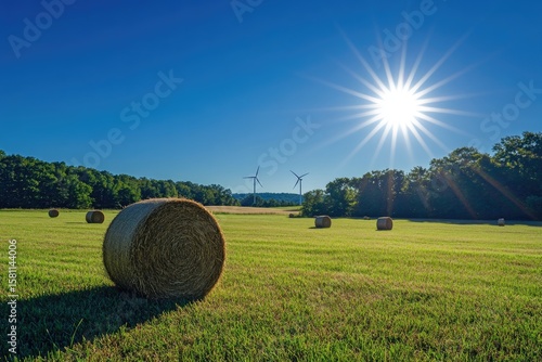Hay bales in a field under a vibrant blue sky with wind turbines in the background. Sunlight flares