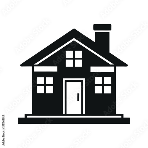 Simple black silhouette of a two story house with a chimney isolated on white background