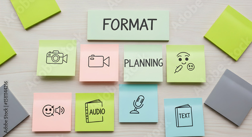 Content format planning concept for creative media presentation strategy and visual communication workflow process