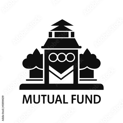 Black mutual fund building icon with trees isolated on white background